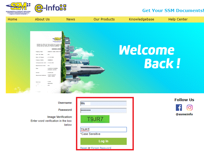 Login New Registration number in SSM e-info