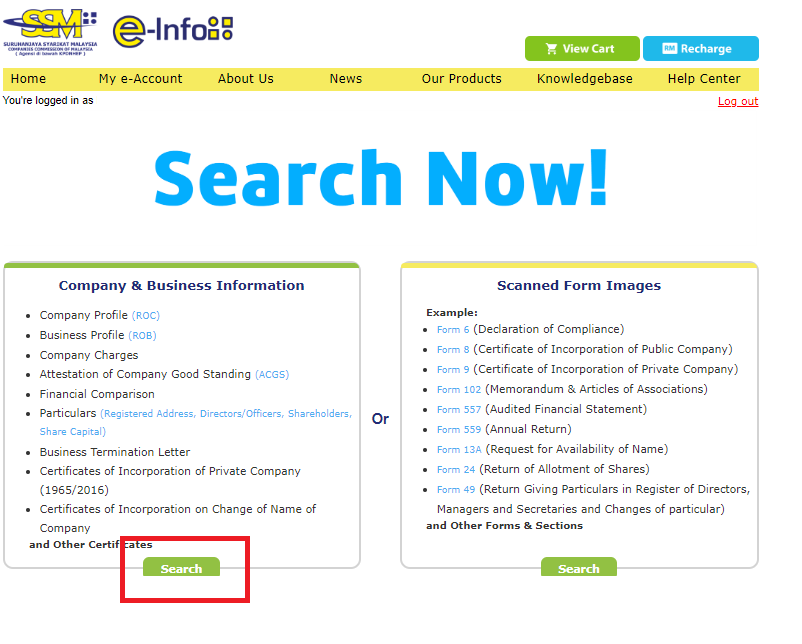 Search New Registration number in SSM e-info